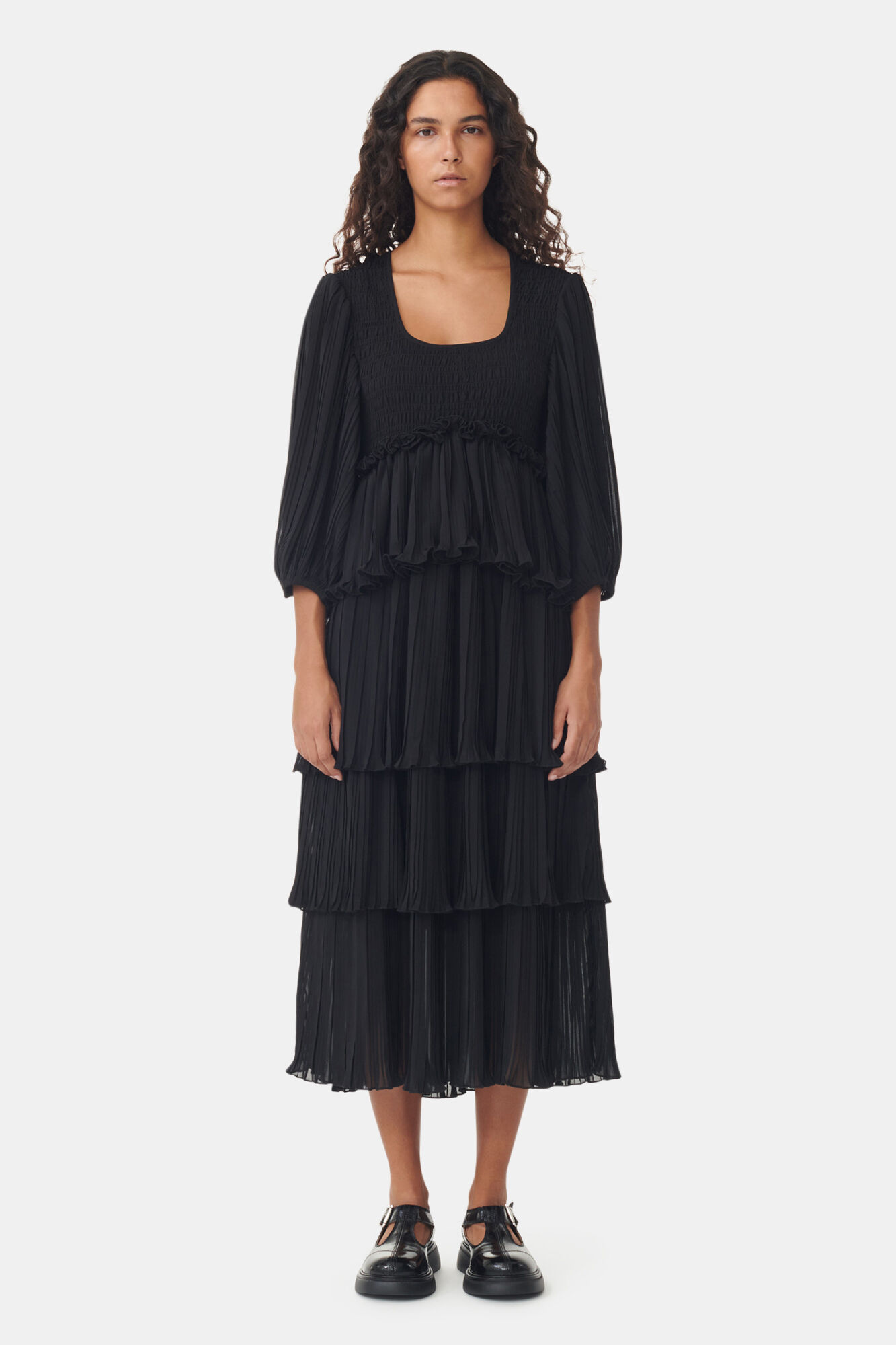 Black Pleated Georgette Flounce Smock Midi Dress, Recycled Polyester, in colour Black - 1 - GANNI