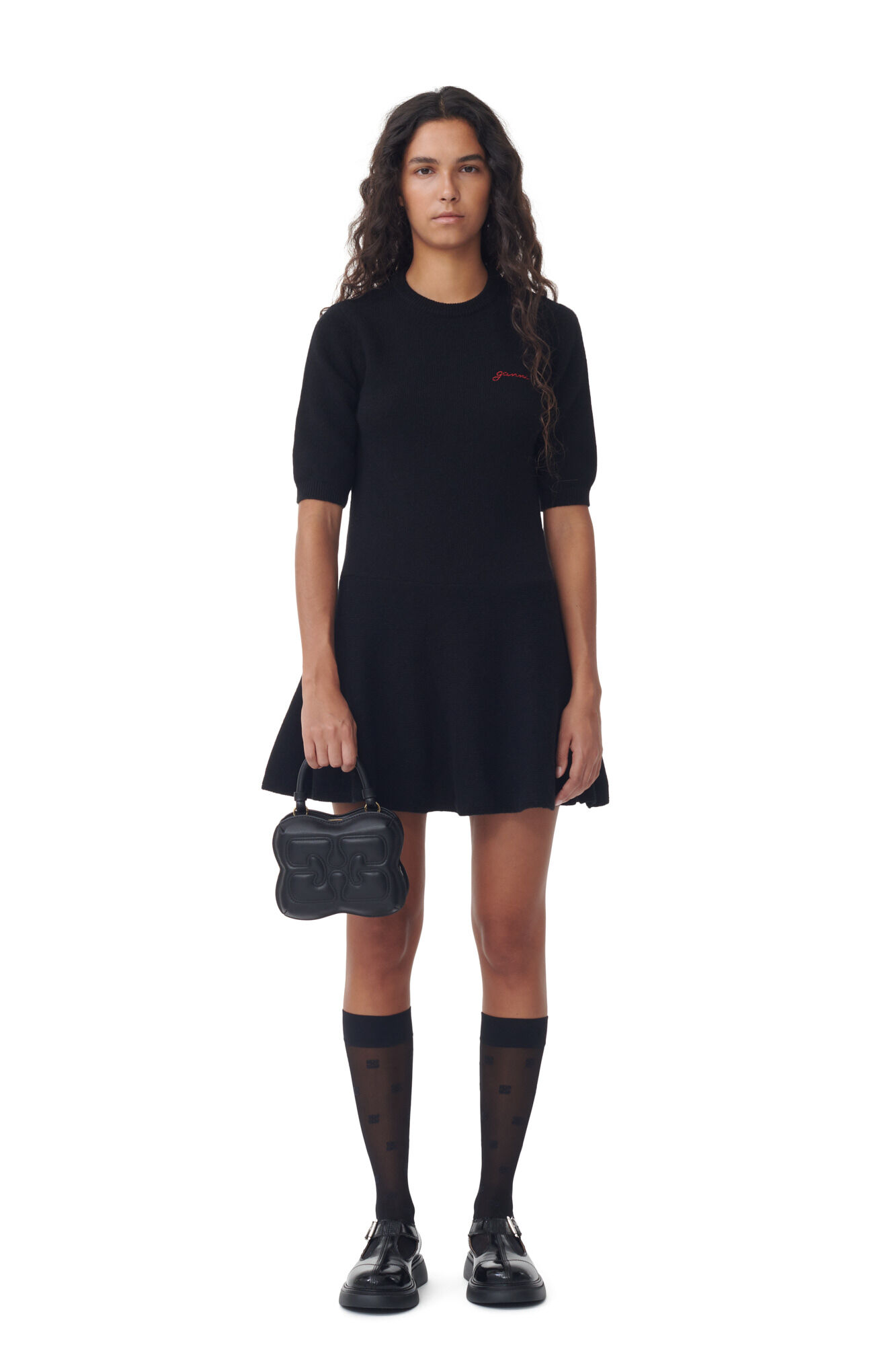 Black Logo Wool Mix Mini Kleid, Recycled Polyamide, in colour Black - 1 - GANNI