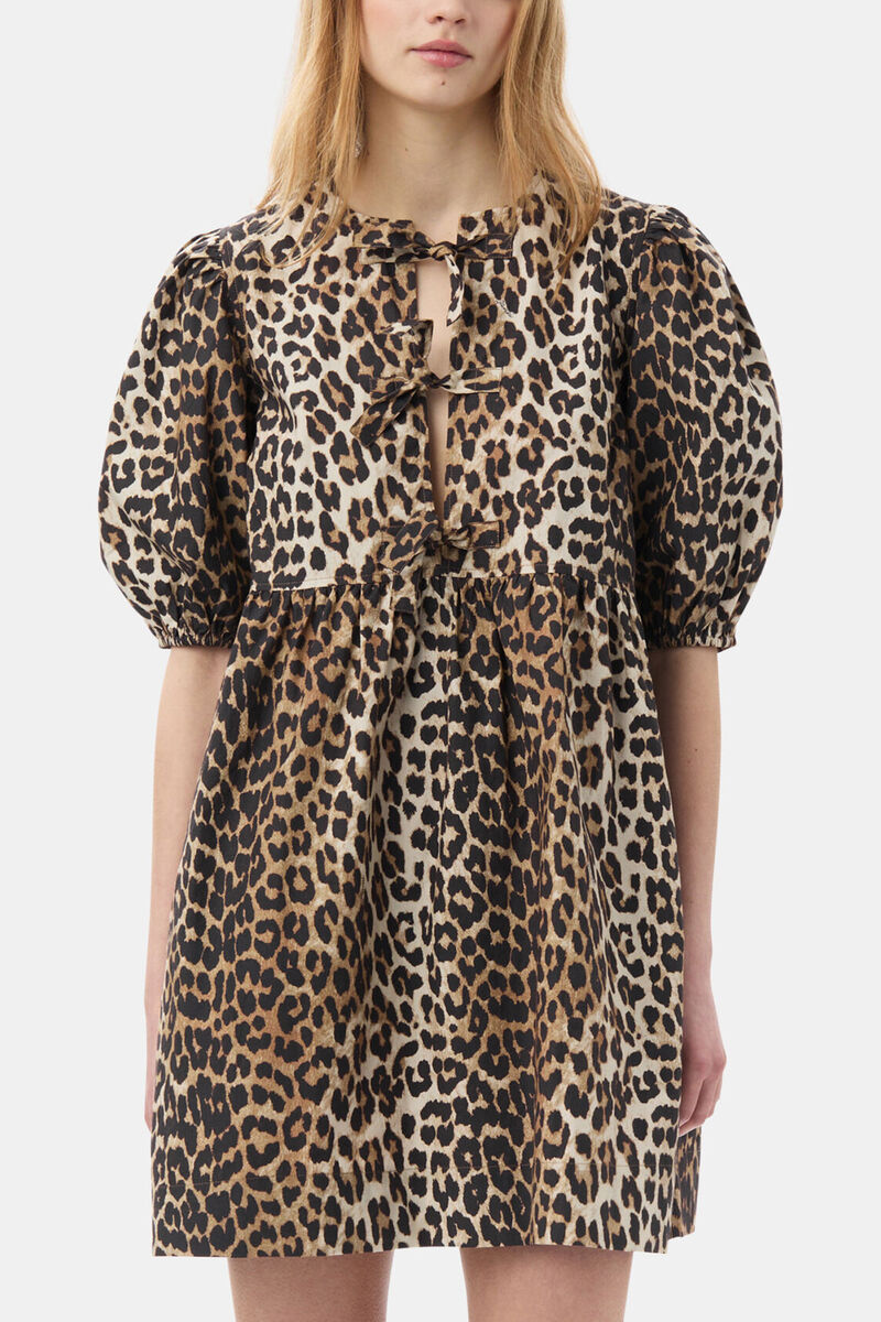 Leopard Printed Cotton Tie String Mini Dress, Organic Cotton, in colour Leopard - 2 - GANNI