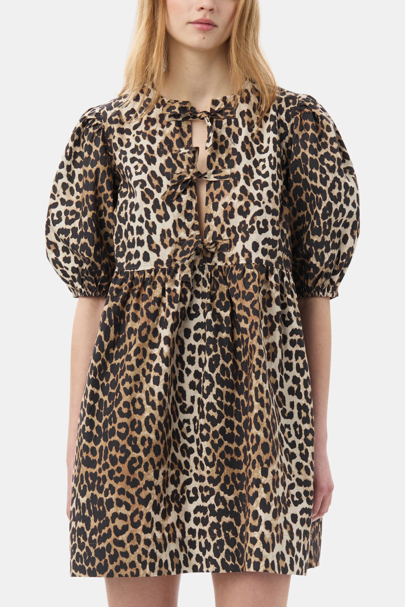 Leopard Printed Cotton Tie String Mini Dress, Organic Cotton, in colour Leopard - 2 - GANNI