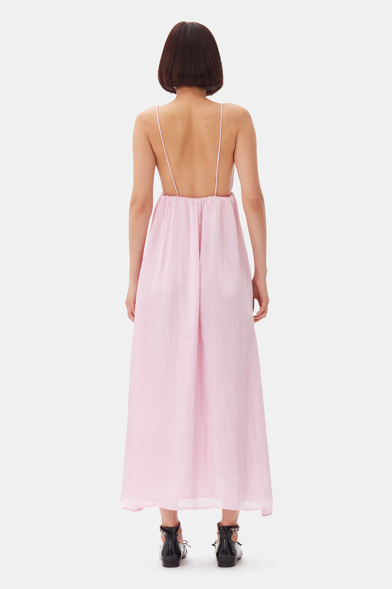 Pink Satin Strap Dress, Recycled Polyester, in colour Chalk Pink - 4 - GANNI
