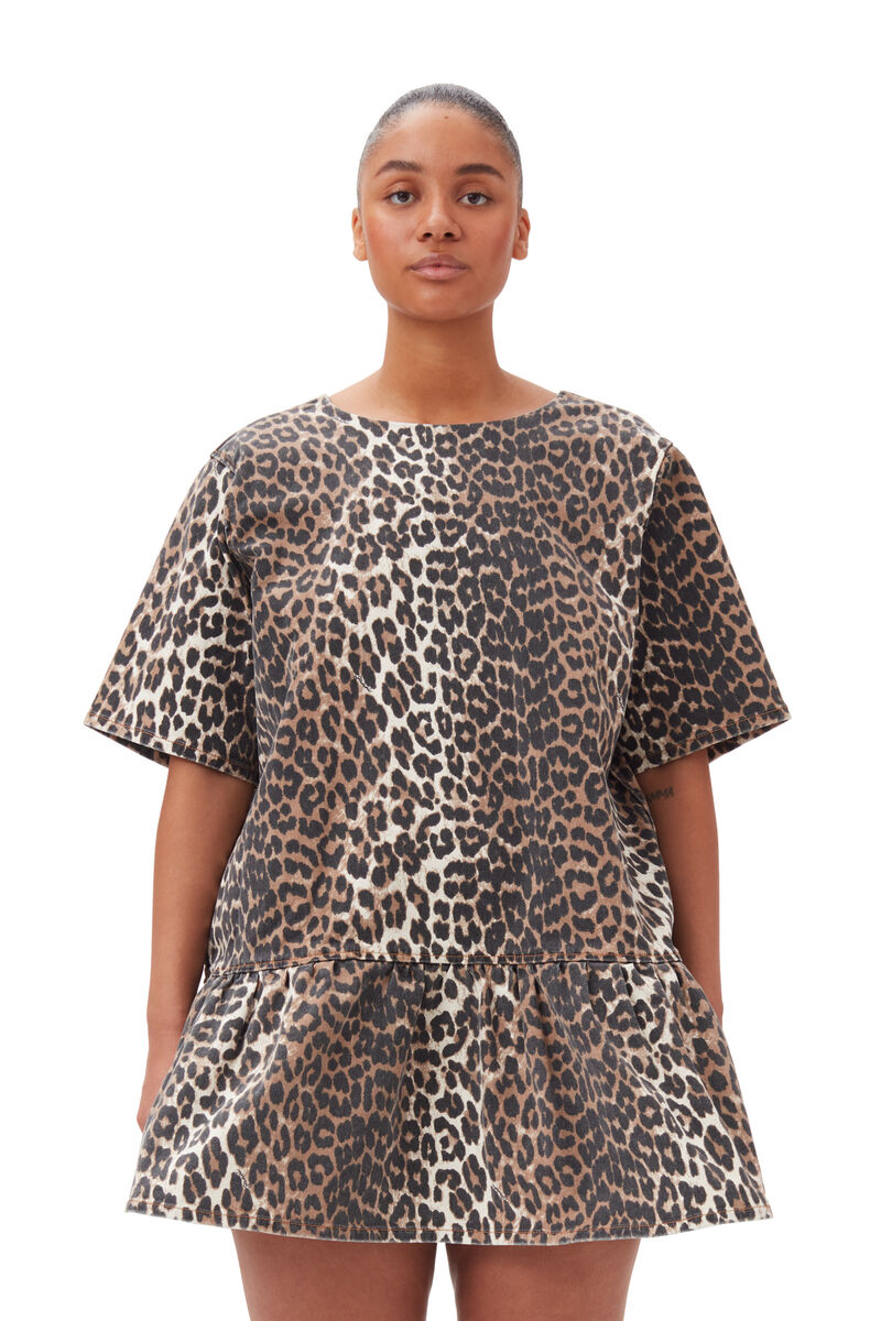 Leopard Open-back Mini Denim Dress, Cotton, in colour Leopard - 6 - GANNI