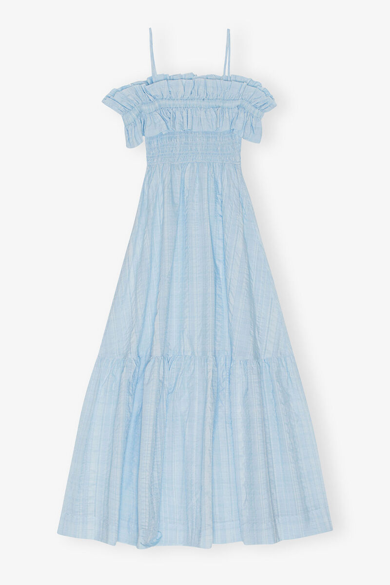 Seersucker Check Smock Maxi Dress, Elastane, in colour Ice Water - 2 - GANNI
