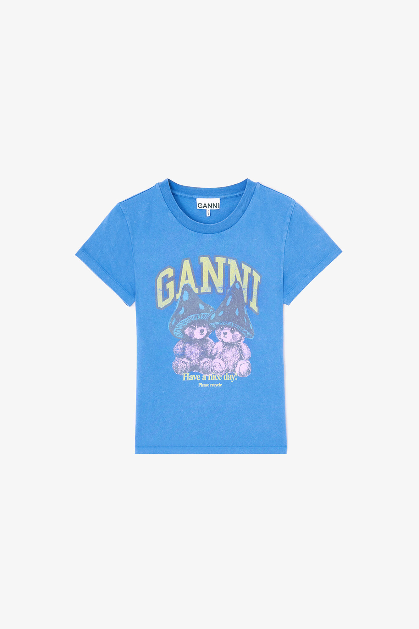 Baby Fit T-shirt with Mushroom Teddy, Recycled Cotton, in colour Strong Blue - 1 - GANNI