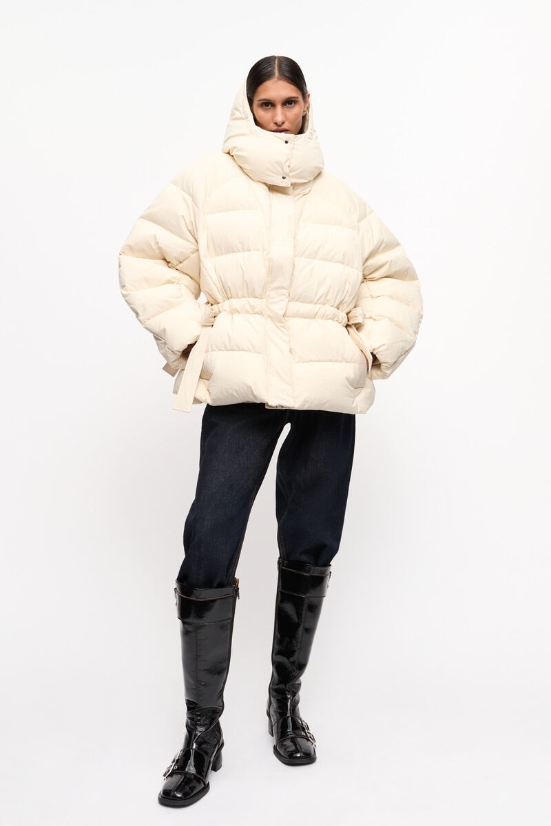 White Tech Oversized Puffer Jacket, Recycled Polyester, in colour Tofu - 2 - GANNI