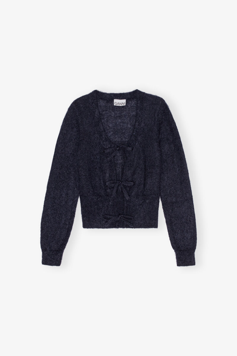 Dark Blue Tie String Cardigan, Merino Wool, in colour Sky Captain - 1 - GANNI