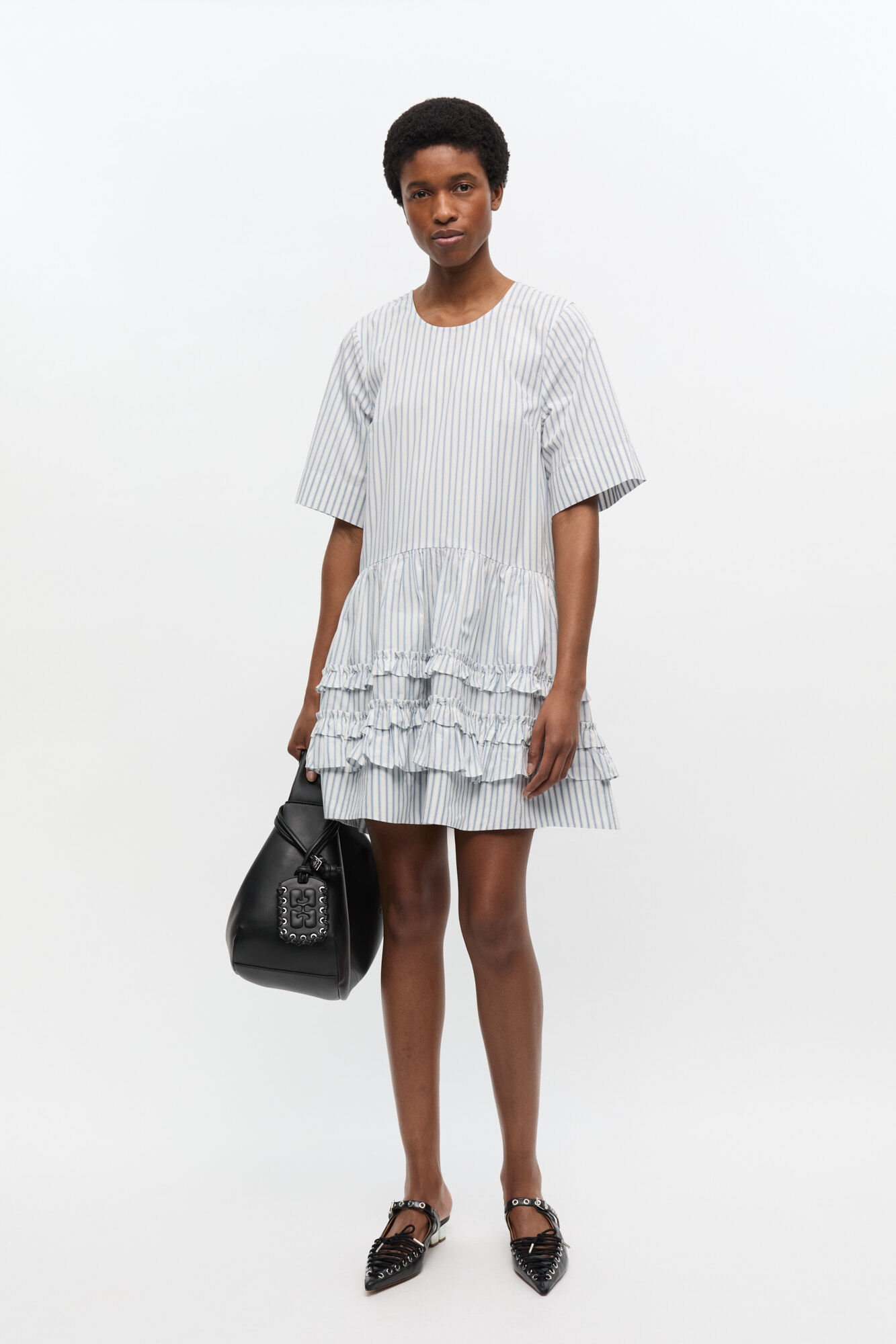 Robe courte rayée en coton biologique, Cotton, in colour Egret - 1 - GANNI