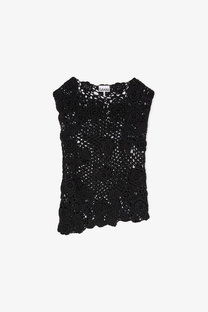 Strikketopp i heklet bomull, Black