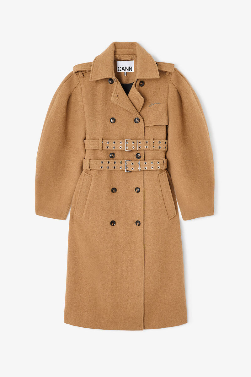 Grey Wool Trench Coat, in colour Tiger's Eye - 1 - GANNI