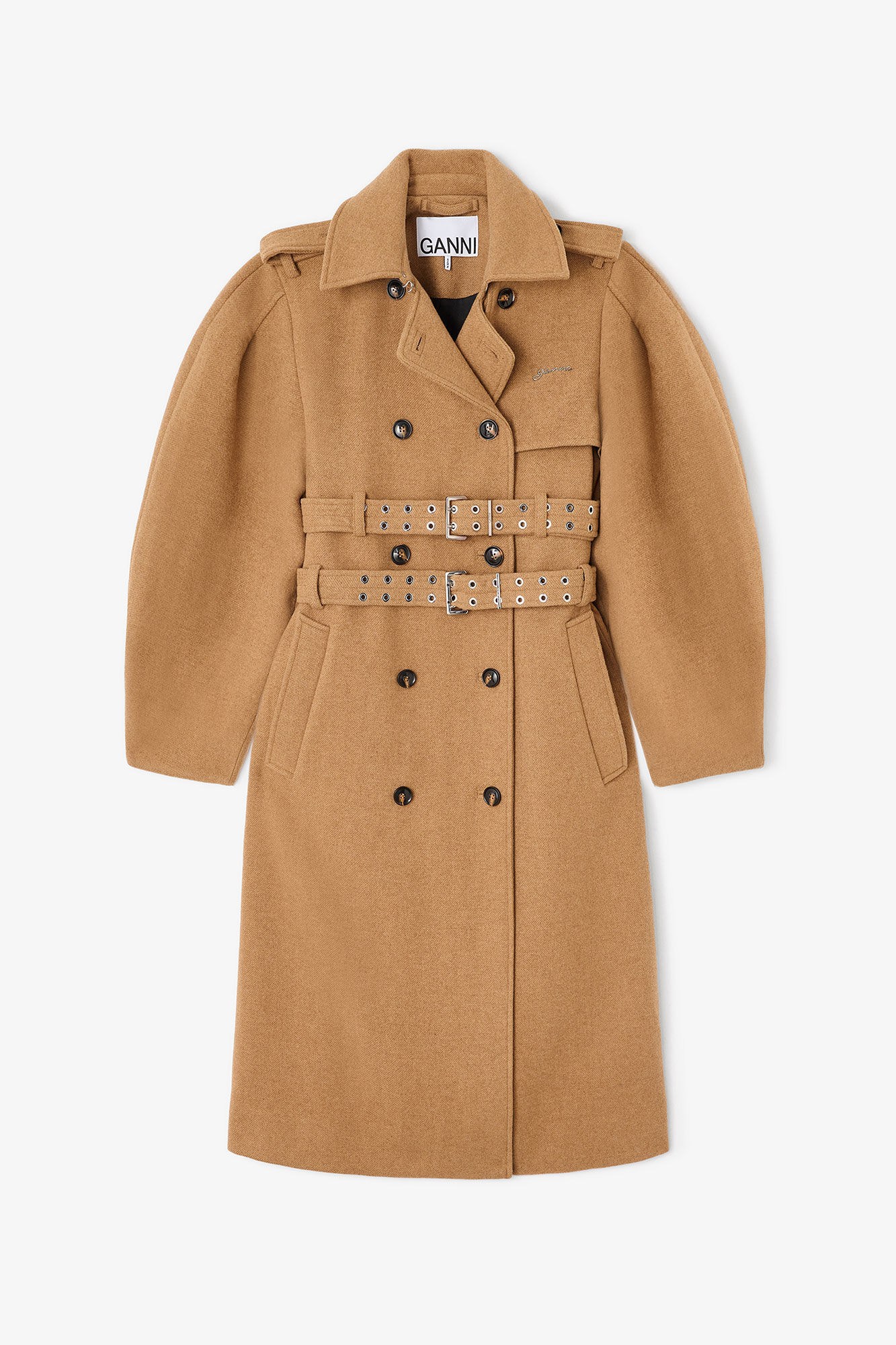 Grey Wool Trench Coat, in colour Tiger's Eye - 1 - GANNI