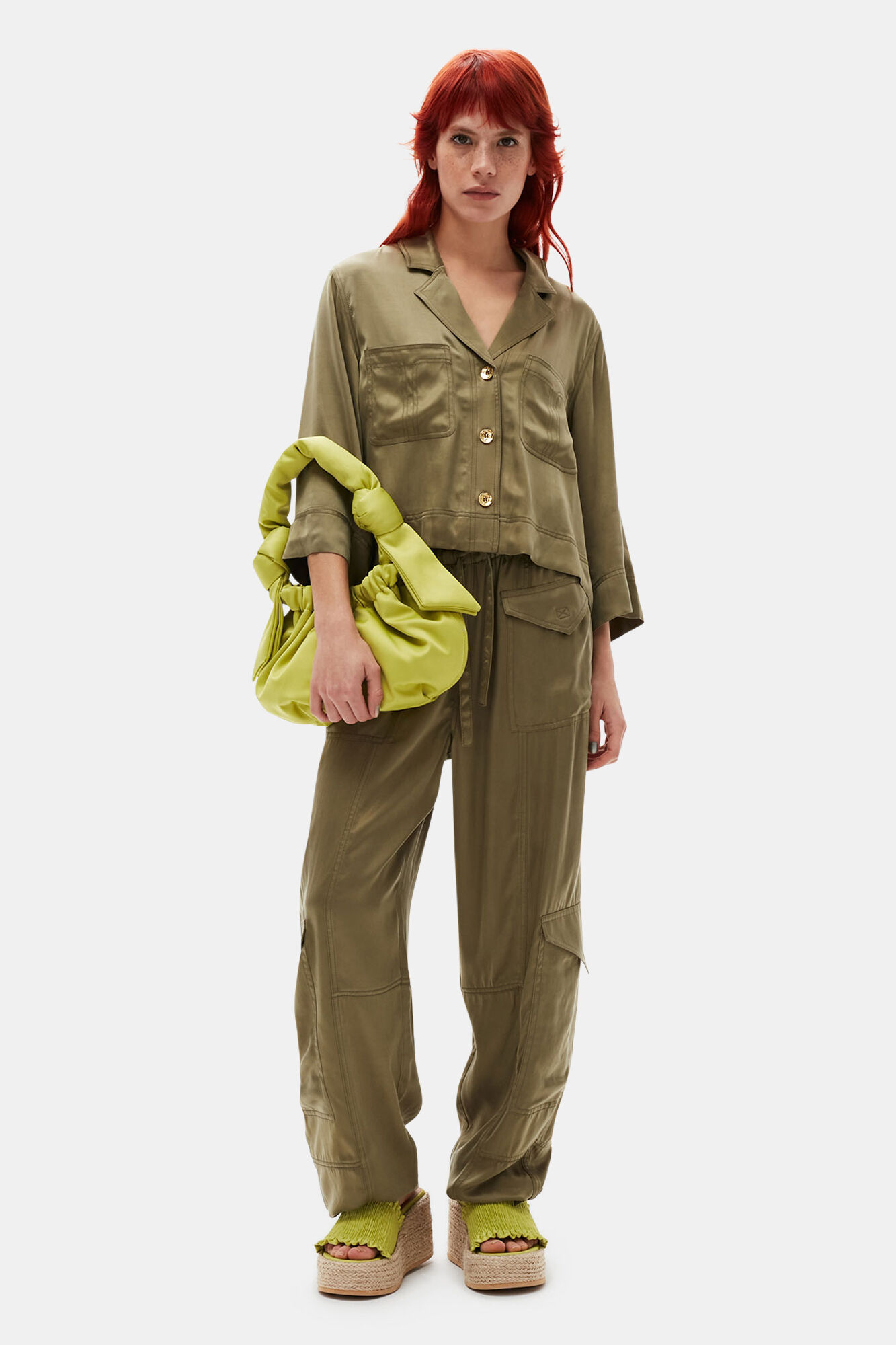 Washed Satin Crop Shirt, Cupro, in colour Aloe - 1 - GANNI