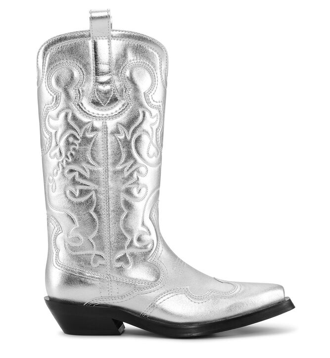 Ganni Silver Mid Shaft Embroidered Western Boots