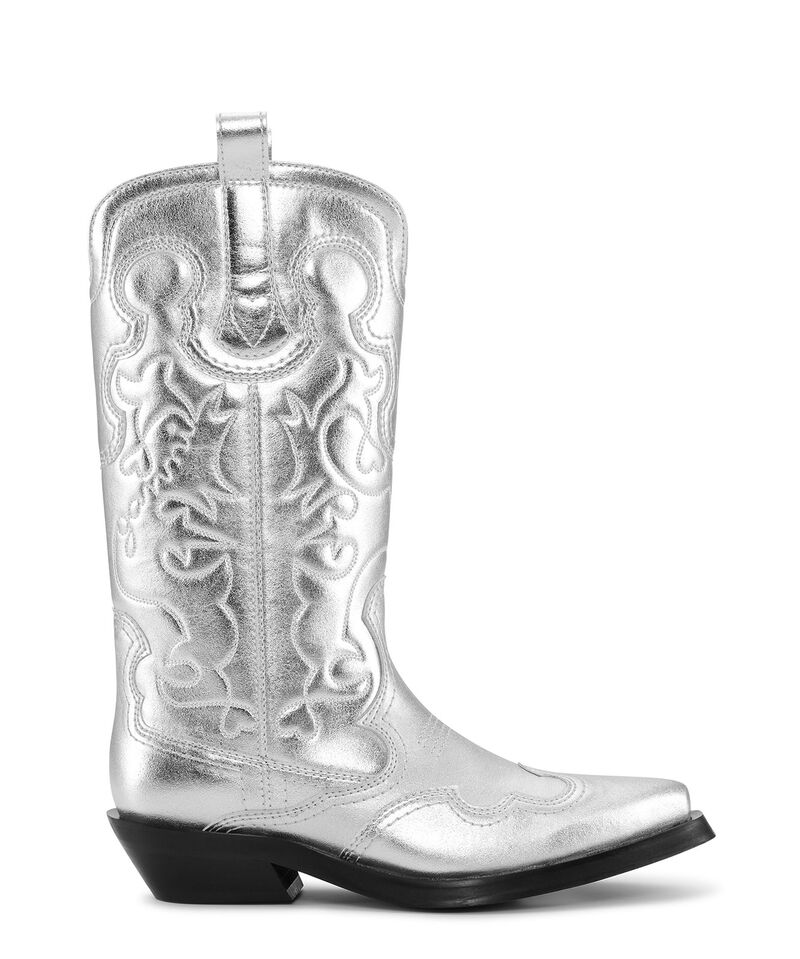 Silver Mid Shaft Embroidered Western Stiefel, Polyester, in colour Silver - 1 - GANNI