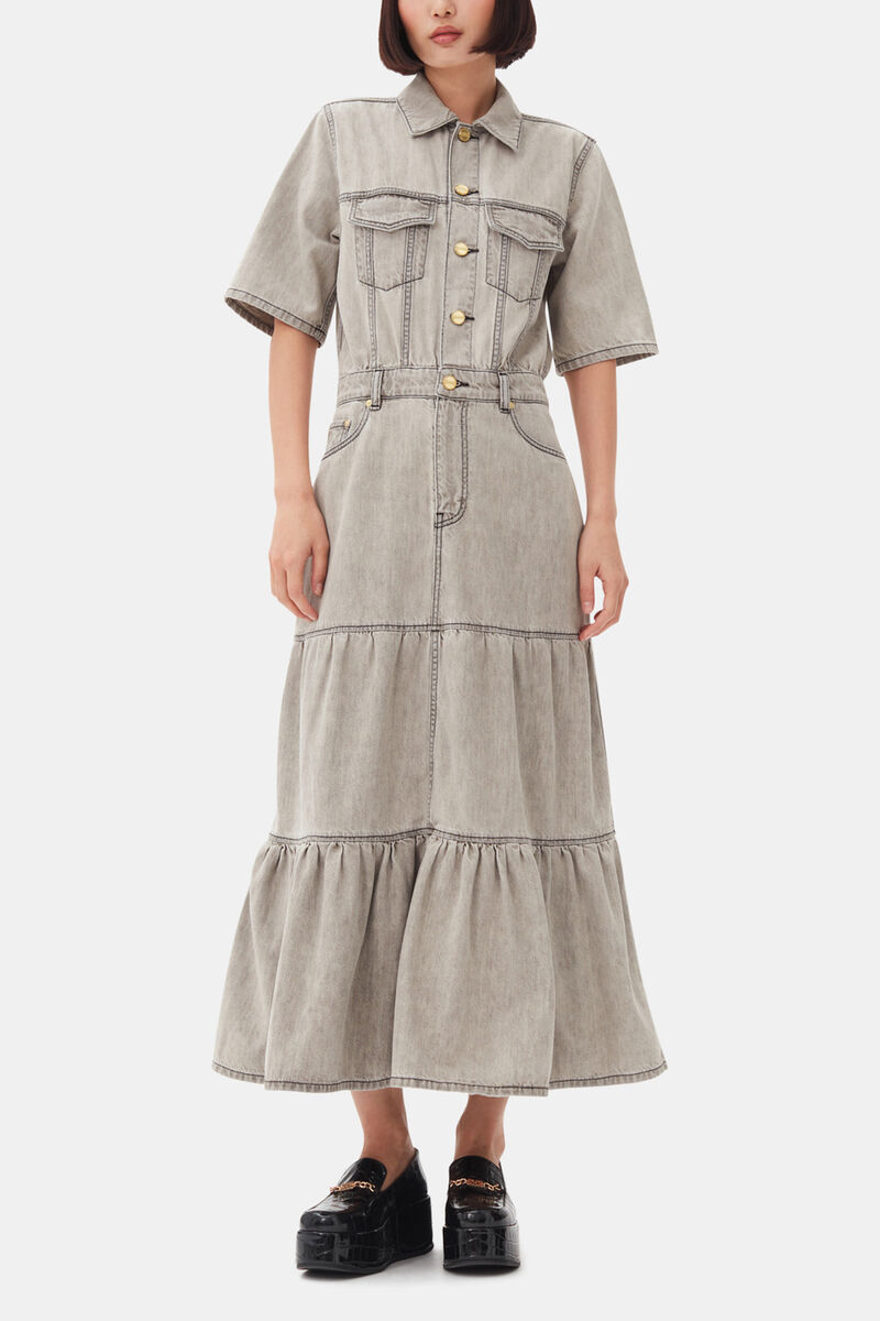 Grey Future Long Denim Dress, Organic Cotton, in colour Gray Quill - 1 - GANNI