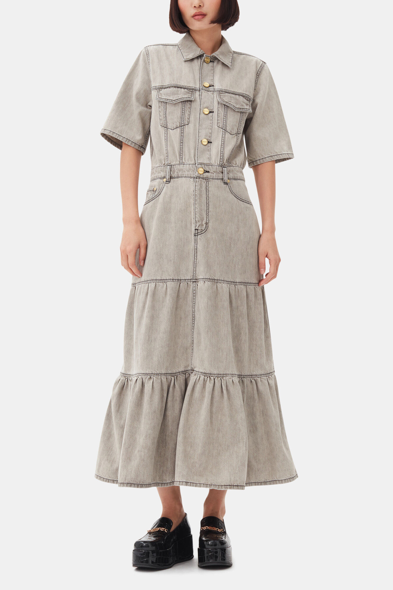 Grey Future Long Denim Dress, Organic Cotton, in colour Gray Quill - 1 - GANNI