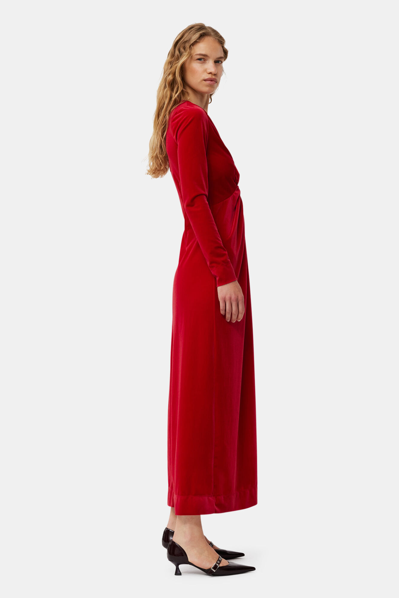 Red Velvet Jersey Twist Long Dress, Recycled Polyester, in colour Savvy Red - 3 - GANNI