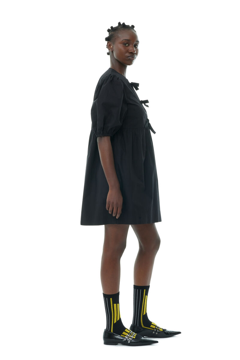 Black Cotton Poplin Tie String Mini Dress, Cotton, in colour Black - 4 - GANNI