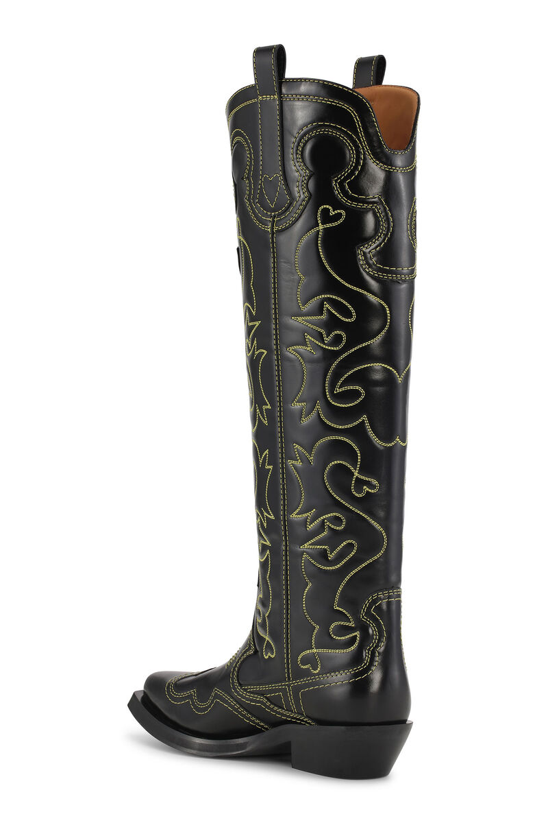 Knee-High Embroidered Western Boots, Calf Leather, in colour Black/Yellow - 2 - GANNI
