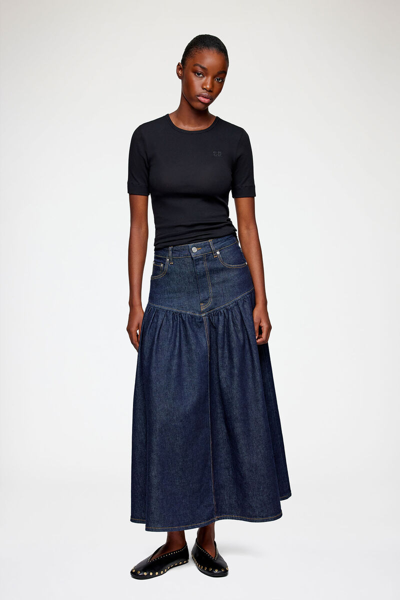 Skirt in Stretch Denim, Organic Cotton, in colour Rinse - 1 - GANNI