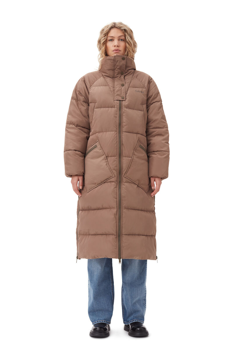 Oversized Tech Puffer Frakke, Recycled Polyester, in colour Fossil - 1 - GANNI