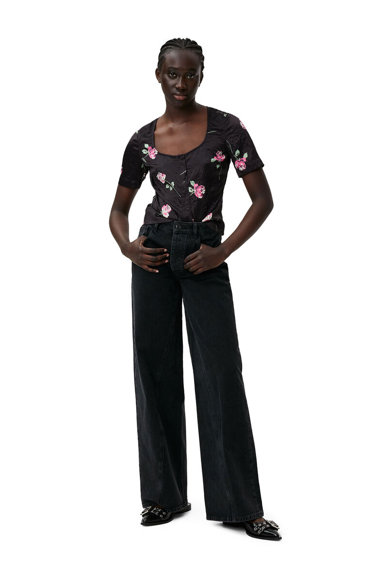 Blus i krusad satin, Elastane, in colour Black - 1 - GANNI