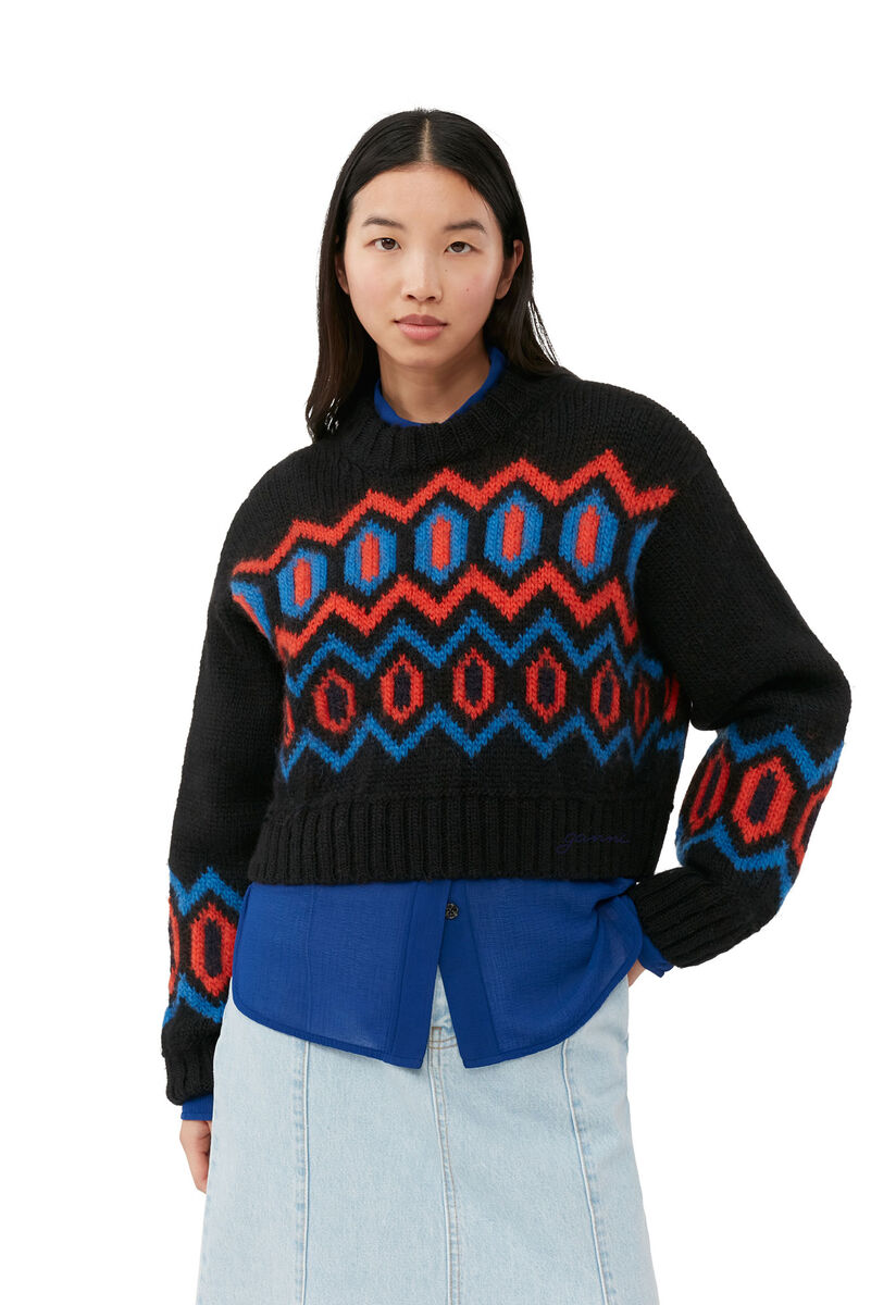 Black Chunky Wool Cropped O-neck Sweater, Organic Wool, in colour Black - 3 - GANNI