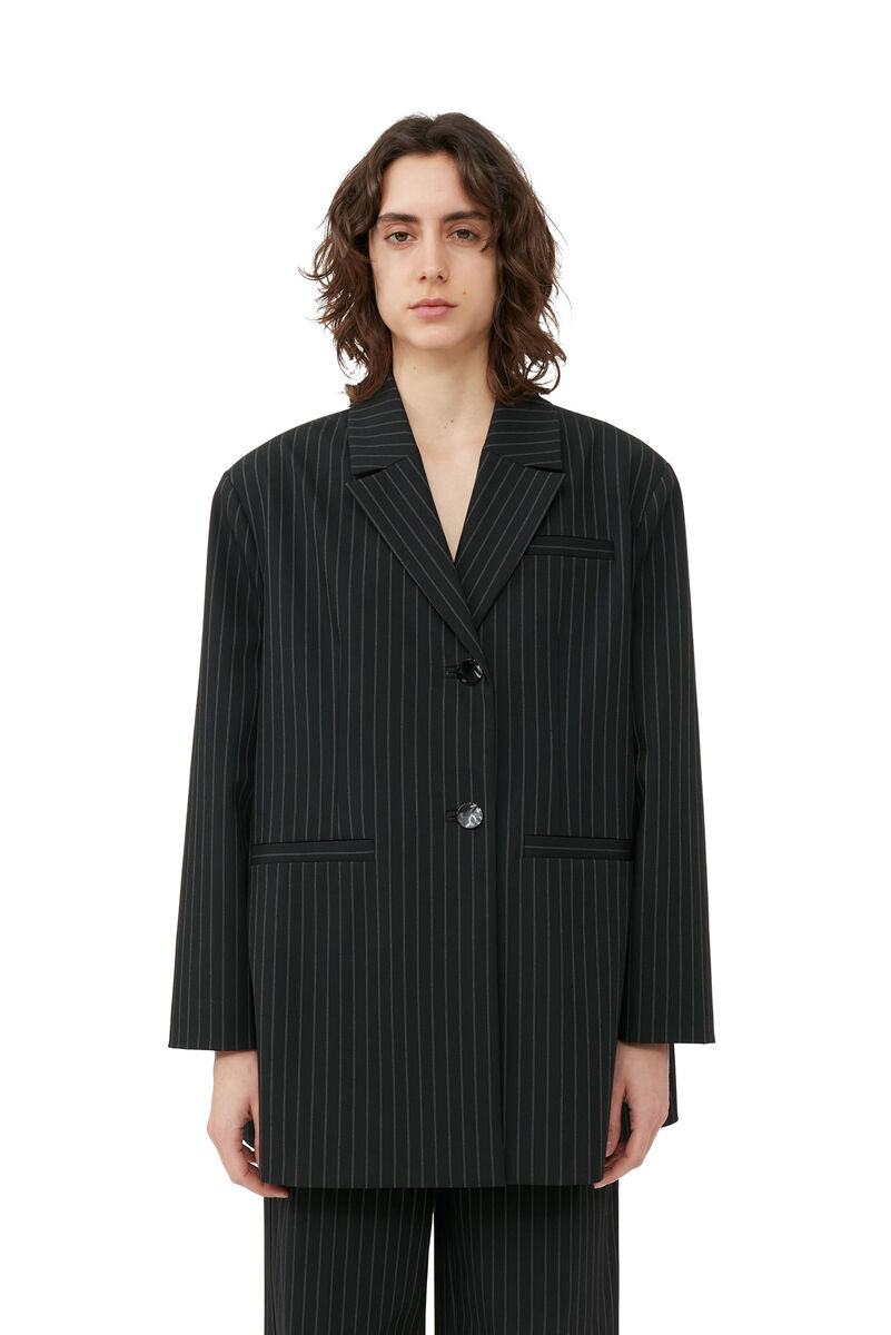 Stretch Stripe Oversized Blazer, Elastane, in colour Black - 1 - GANNI