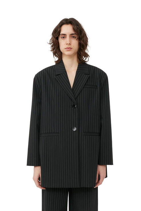Ganni Long Sleeve Stretch Stripe Oversized Blazer In Black