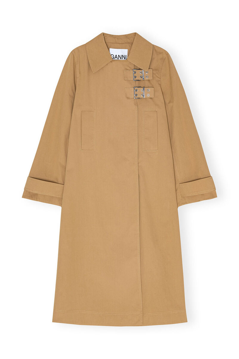 Beige Cotton Twill Buckle Coat, Nylon, in colour Tiger's Eye - 1 - GANNI