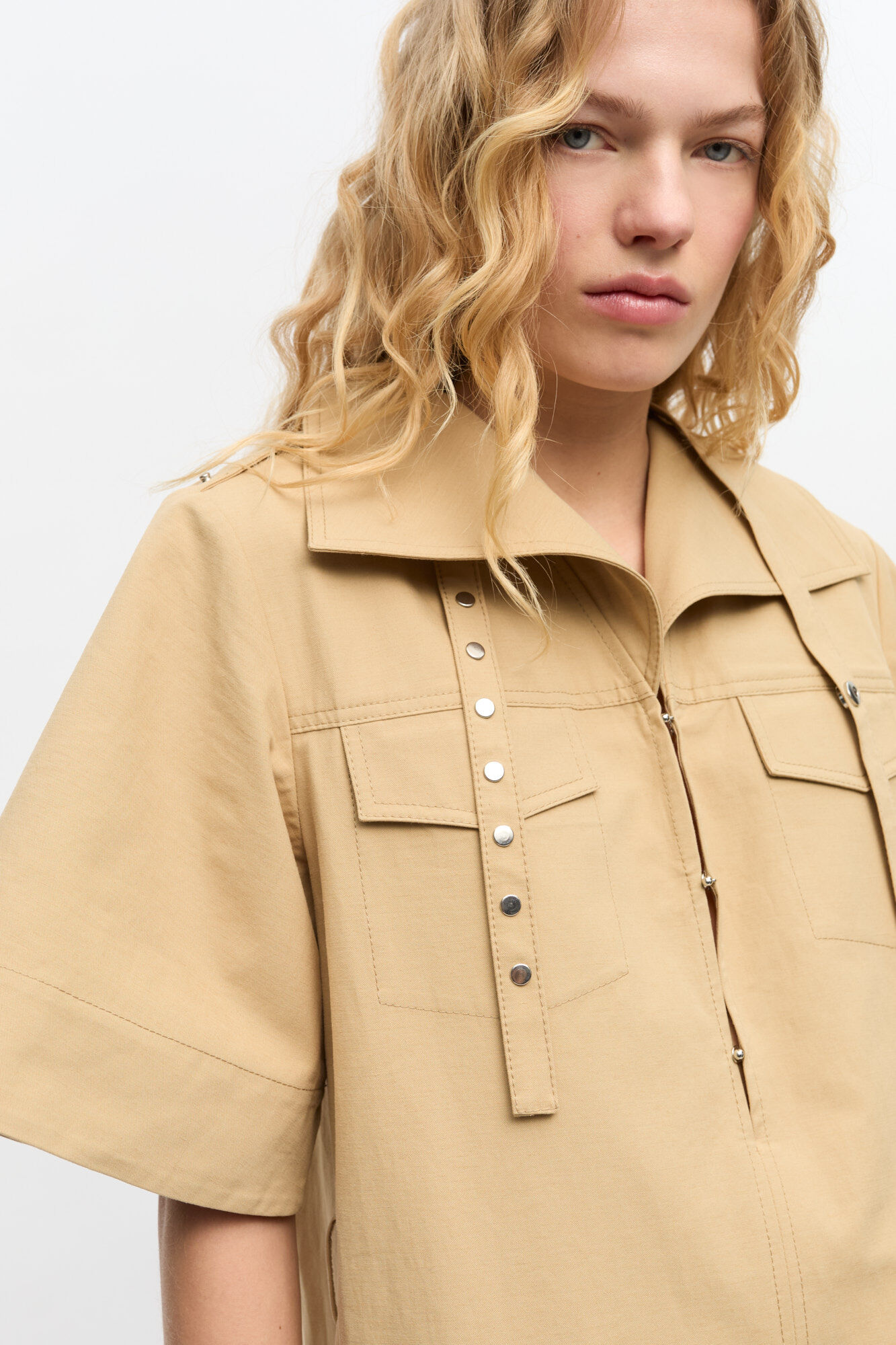 Beige Stretch Cotton Dress, Linen, in colour Pale Khaki - 3 - GANNI