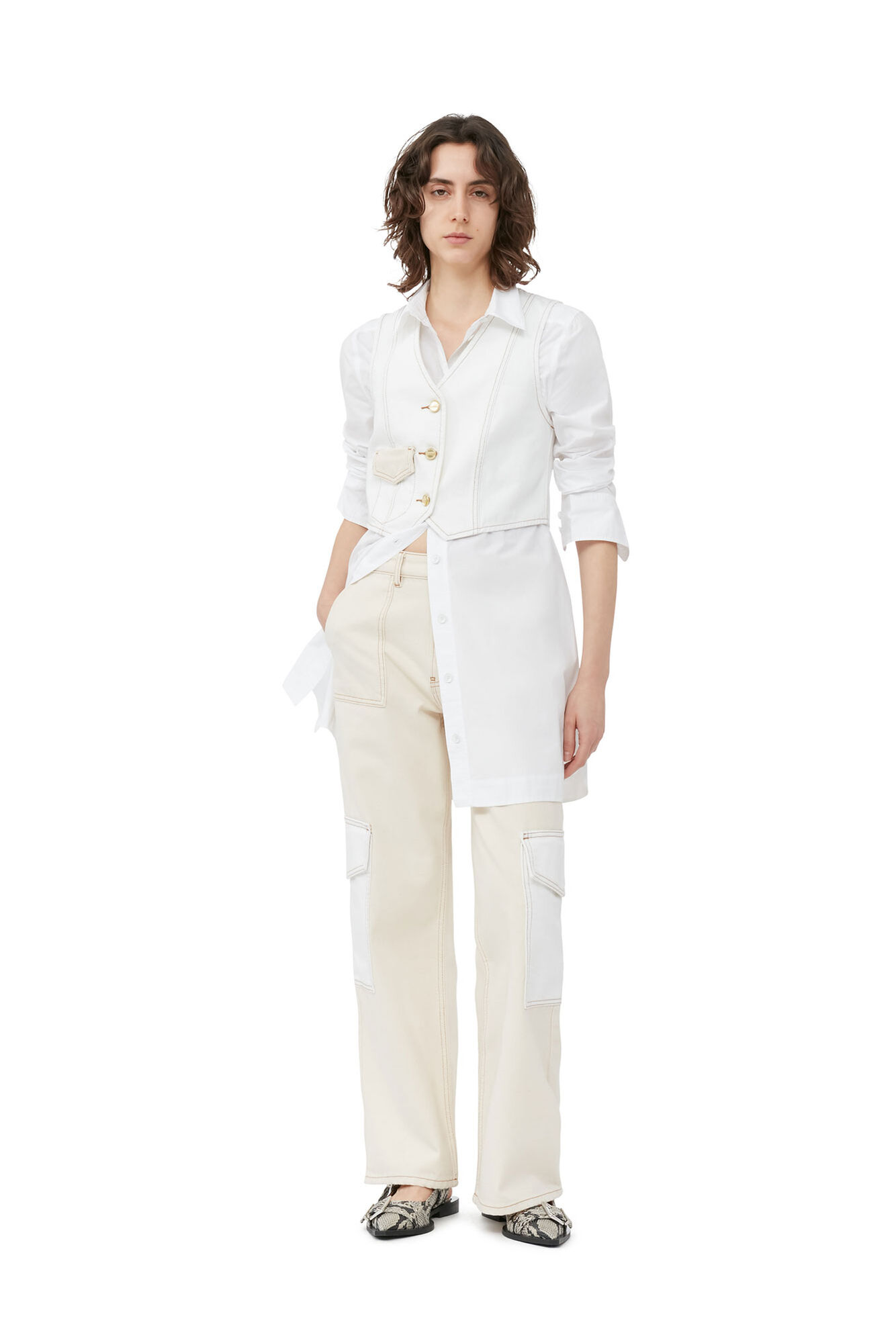 Ecru-weiße Denim-Weste, Cotton, in colour Egret - 1 - GANNI