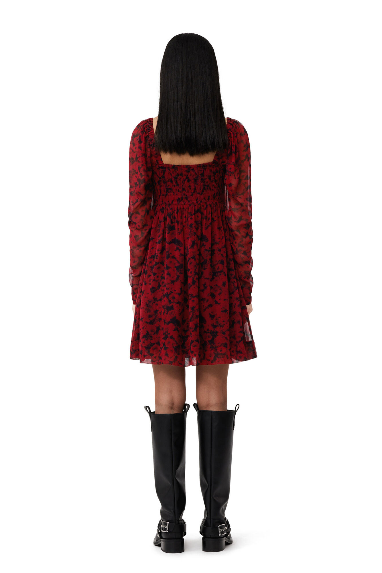 Red Printed Georgette Mini Dress, Viscose, in colour Syrah - 4 - GANNI