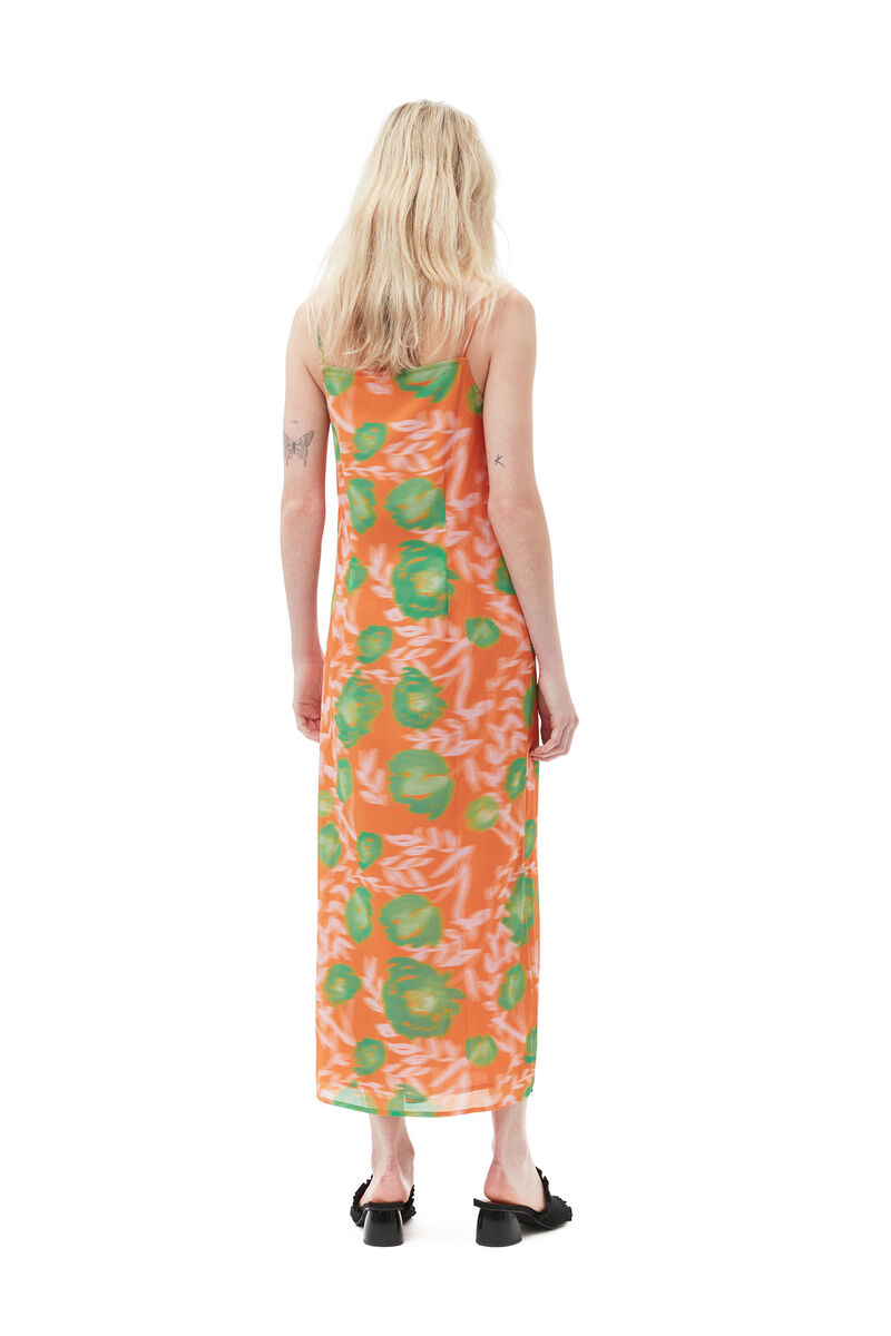 Printed Light Crepe Slip Dress, Recycled Polyester, in colour Vibrant Orange - 6 - GANNI