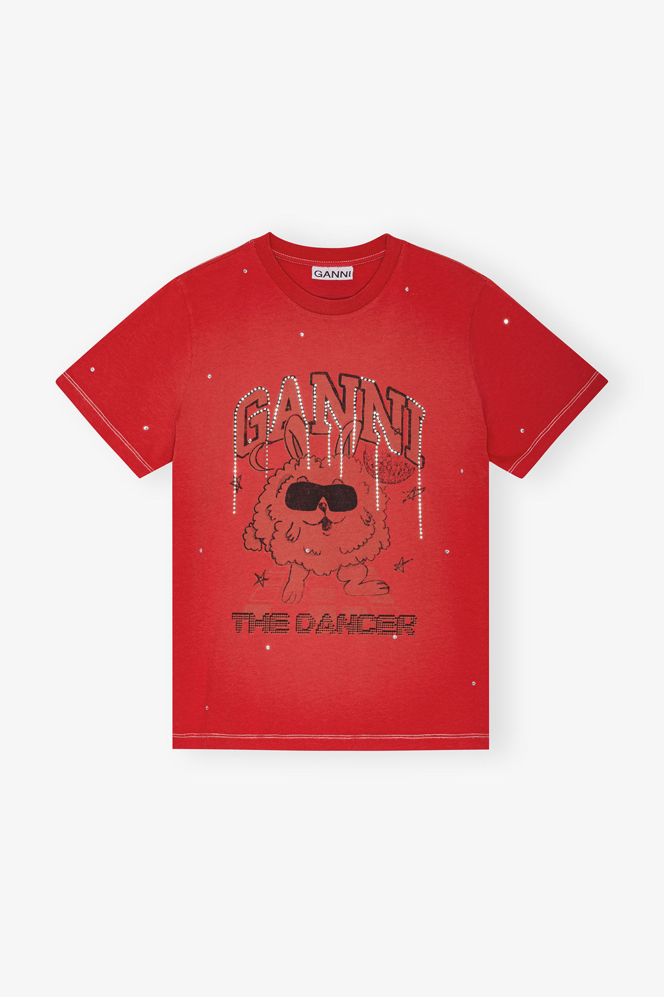 Red Rhinestone Graphic T-Shirt, Cotton, in colour Racing Red - 1 - GANNI