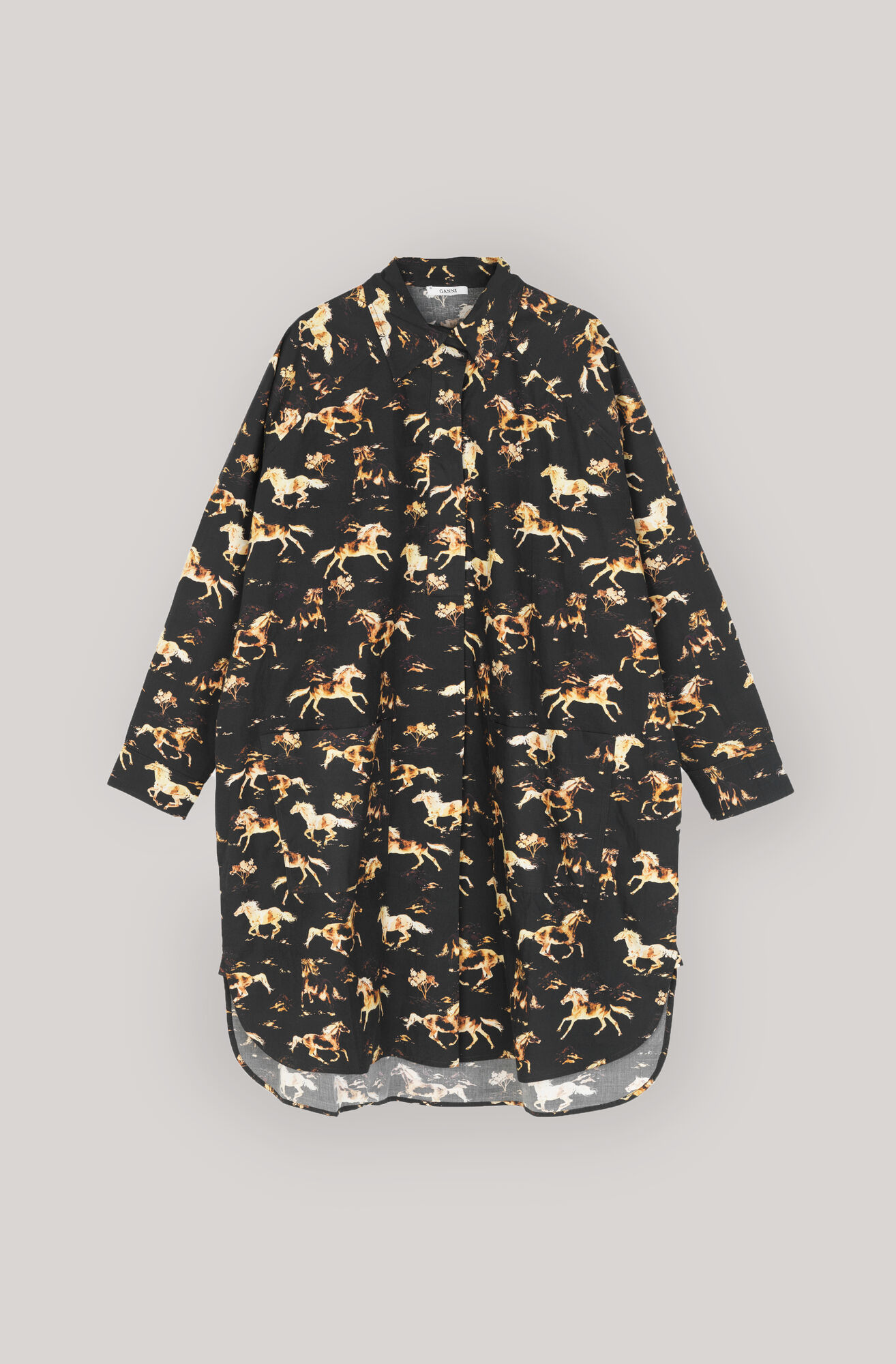 Printed Poplin Skjortekjole, Black Printed Poplin Skjortekjole, Black, hi-res