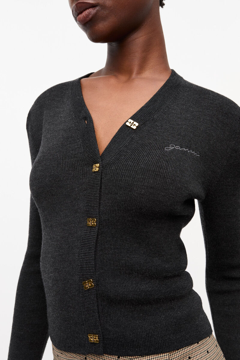 Mini-cardigan c&ocirc;tel&eacute; en laine m&eacute;rinos noire, Merino Wool, in colour Phantom - 4 - GANNI