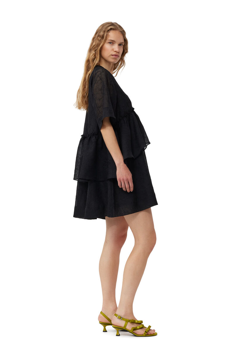 Black Crinkled Georgette Flounce Mini Dress, Recycled Polyester, in colour Black - 3 - GANNI