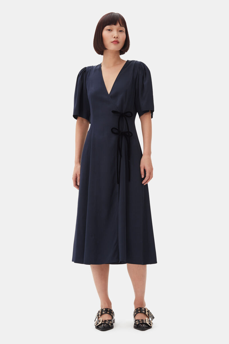 Navy Blue Viscose Twill Wrap Midi Dress, Viscose, in colour Sky Captain - 1 - GANNI
