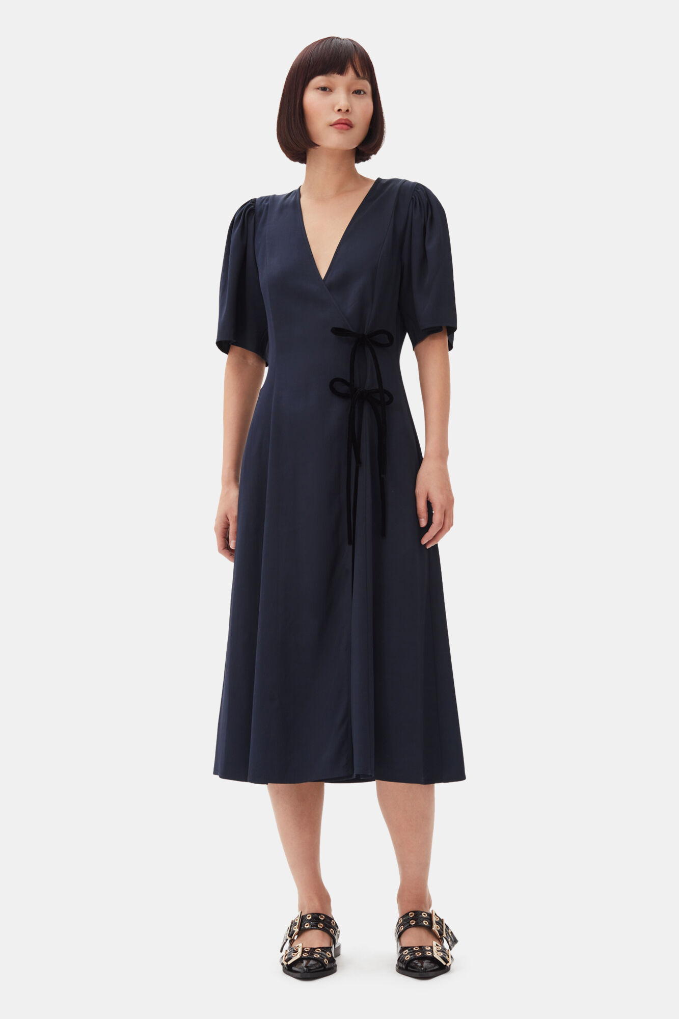 Navy Blue Viscose Twill Wrap Midi Dress, Viscose, in colour Sky Captain - 1 - GANNI