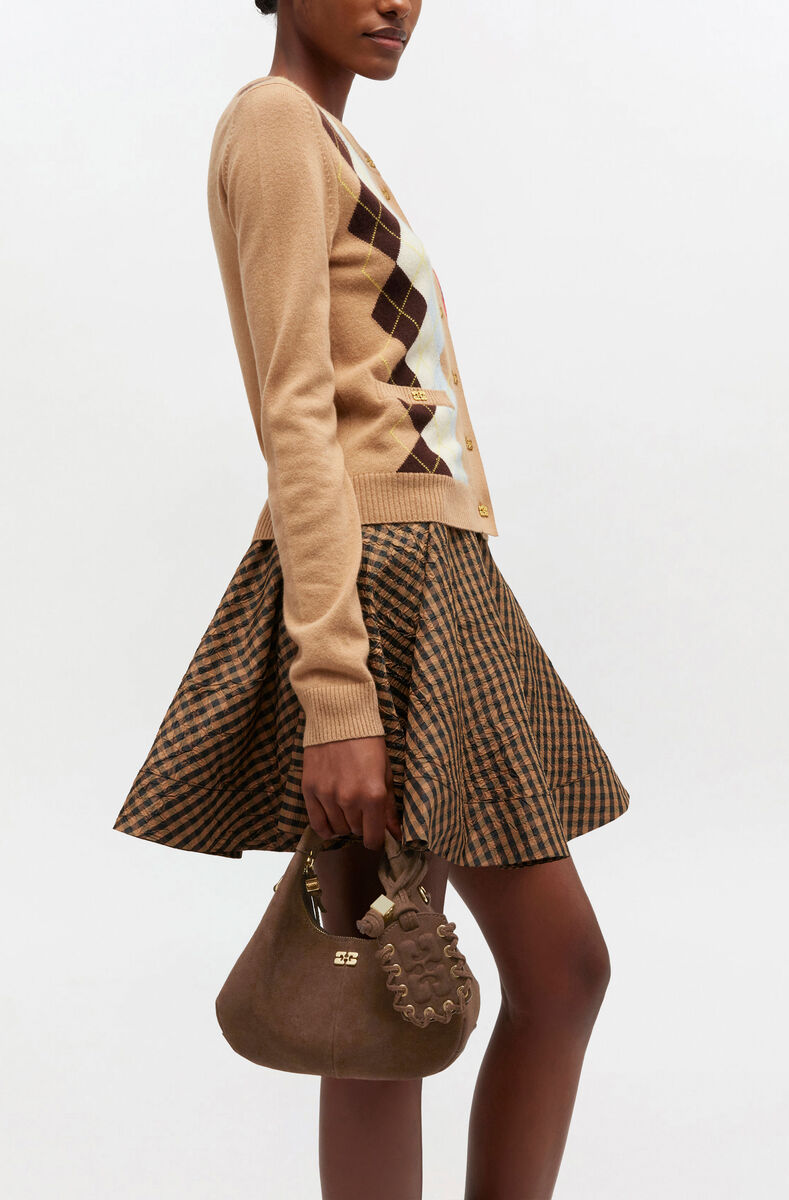 Brown Suede Mini Hobo Bag, Recycled Leather, in colour Chicory Coffee - 1 - GANNI