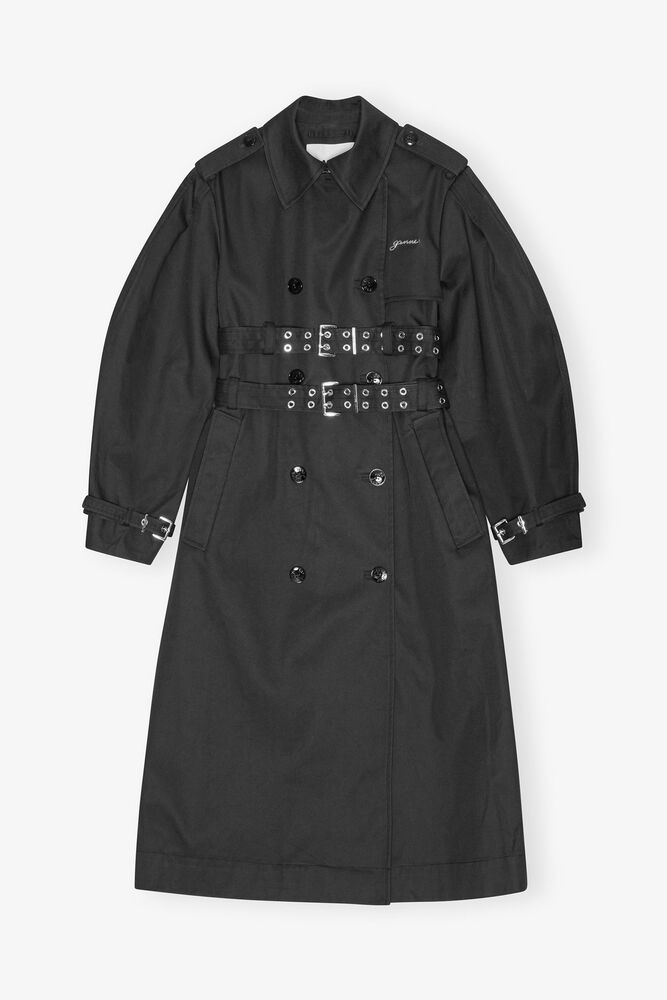 Black Bonded Cotton Trench Coat, Black