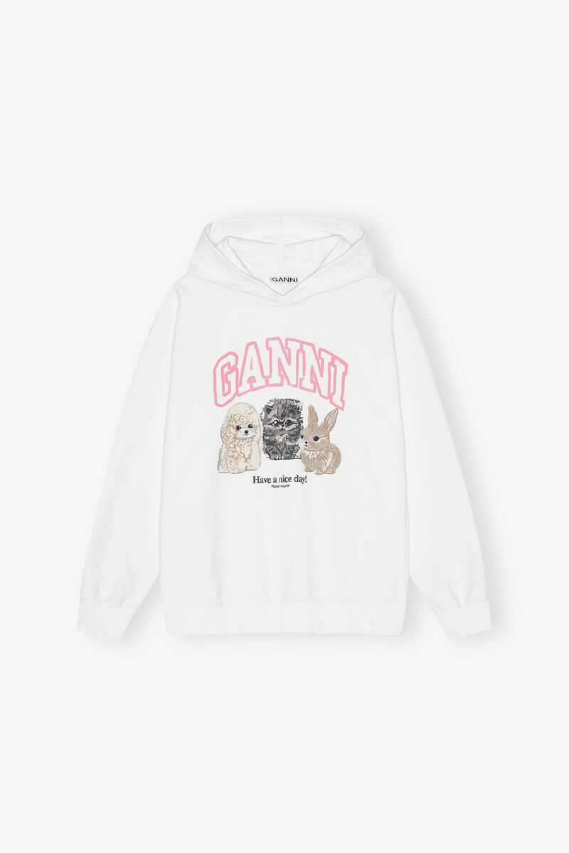 White Animal Print Hoodie, Organic Cotton, in colour Bright White - 1 - GANNI