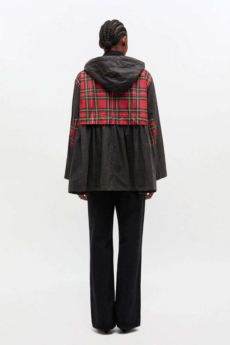 Peplum Wax Jacket in Tartan, Cotton, in colour Dark Green - 2 - GANNI