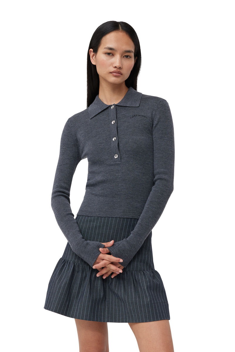 Jupe Stretch Striped Flounce Mini, Elastane, in colour Gray Pinstripe - 4 - GANNI