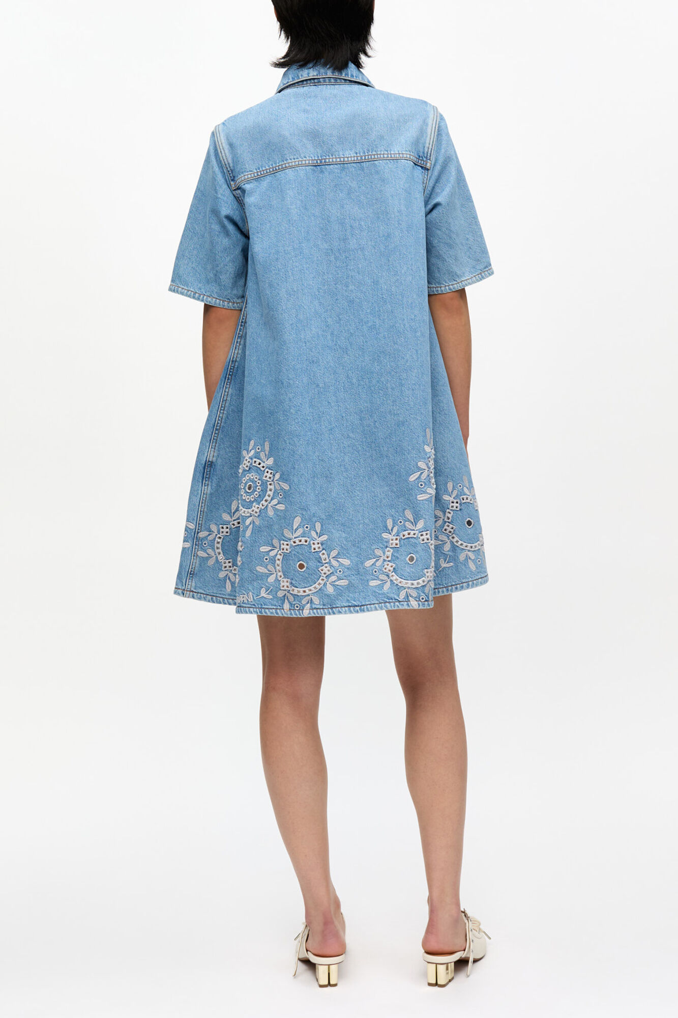 Broderie Anglaise Mini Dress, Organic Cotton, in colour Light Blue Stone - 2 - GANNI