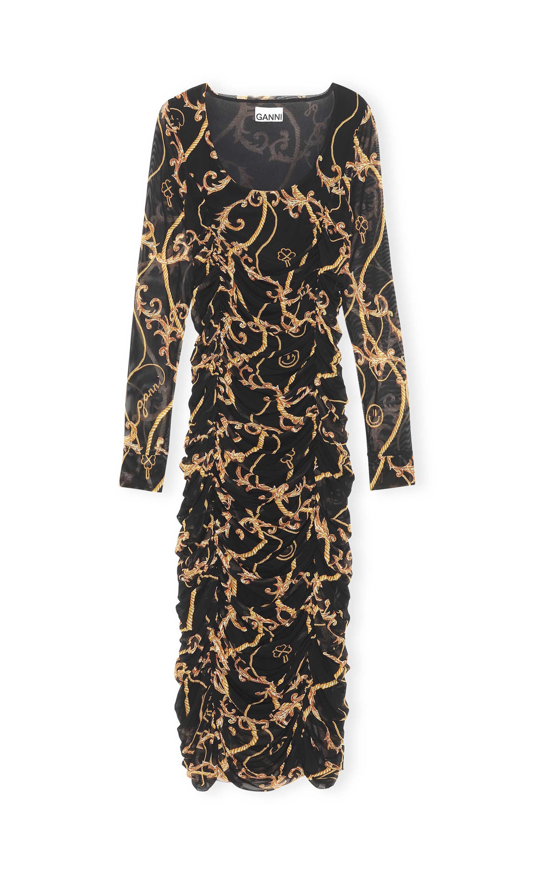 Black Recycled Mesh Ruched Midi Dress 