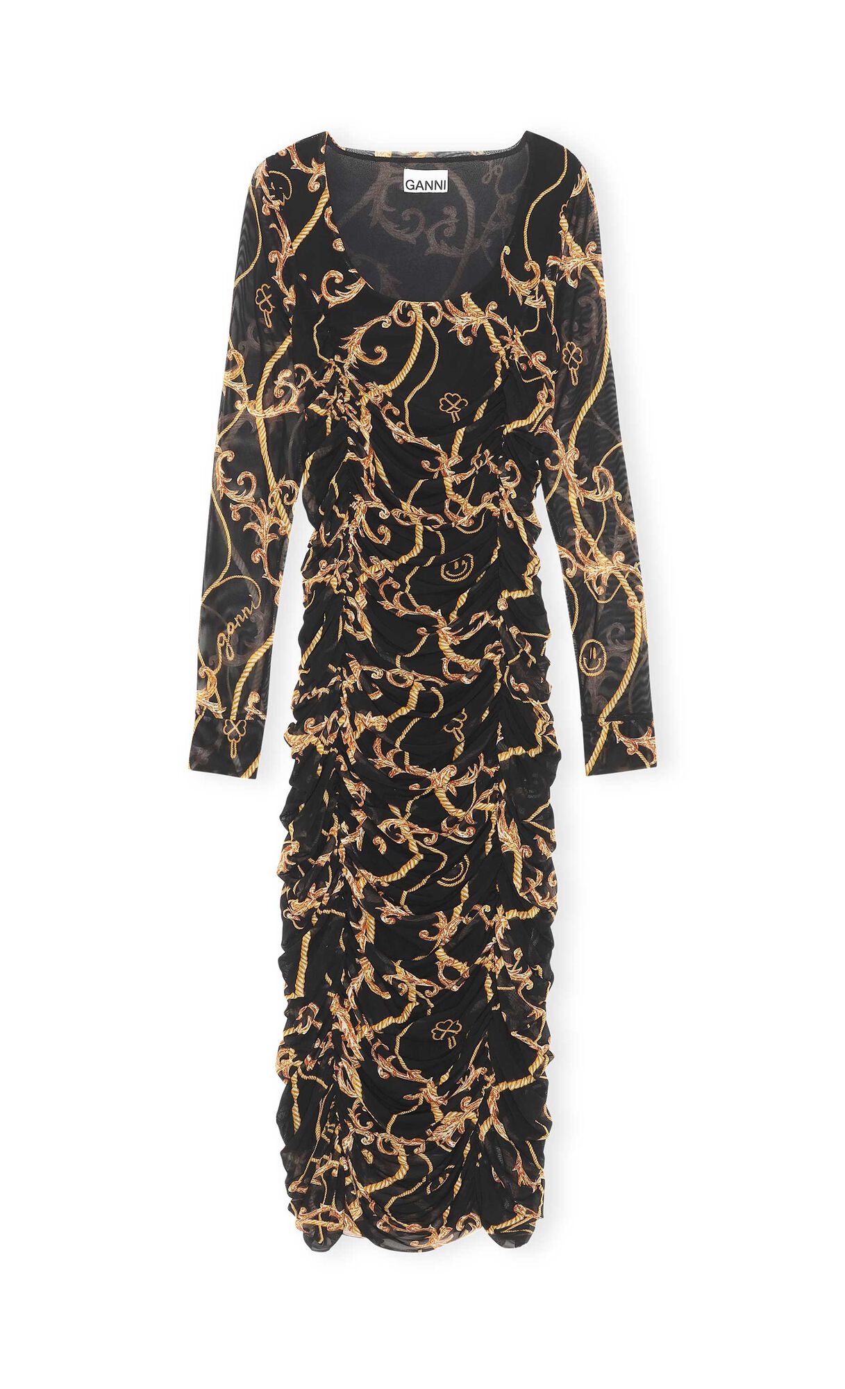 Printed Mesh U-neck Gathered Panel Dress, Nylon, in colour Black - 1 - GANNI