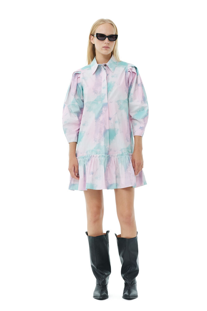 GANNI Lilac Printed Cotton Mini Shirt Dress,Lilac Sachet