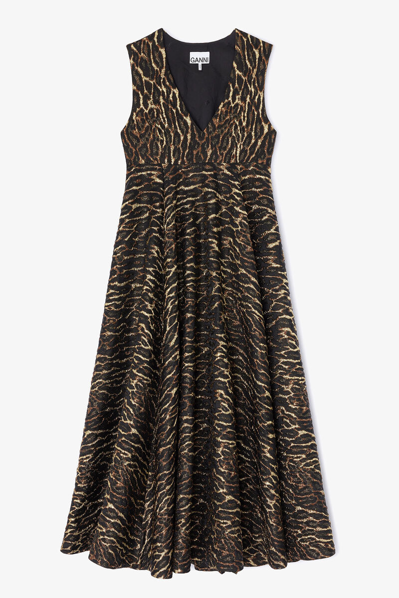 Lang kjole i metallisk cloqué, in colour Antique Bronze - 1 - GANNI