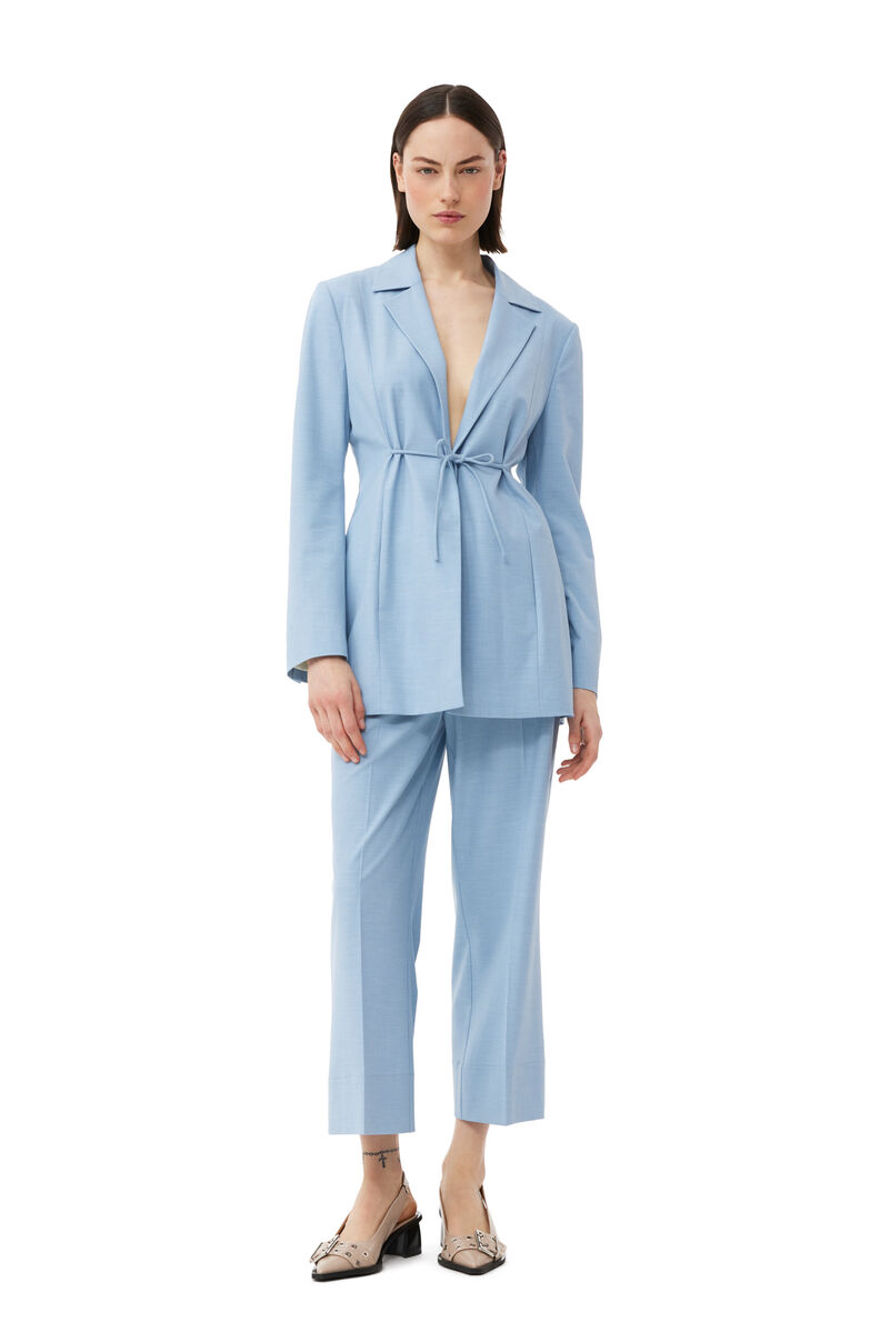 Blue Drapey Melange Cropped Bukser, Elastane, in colour Powder Blue - 1 - GANNI